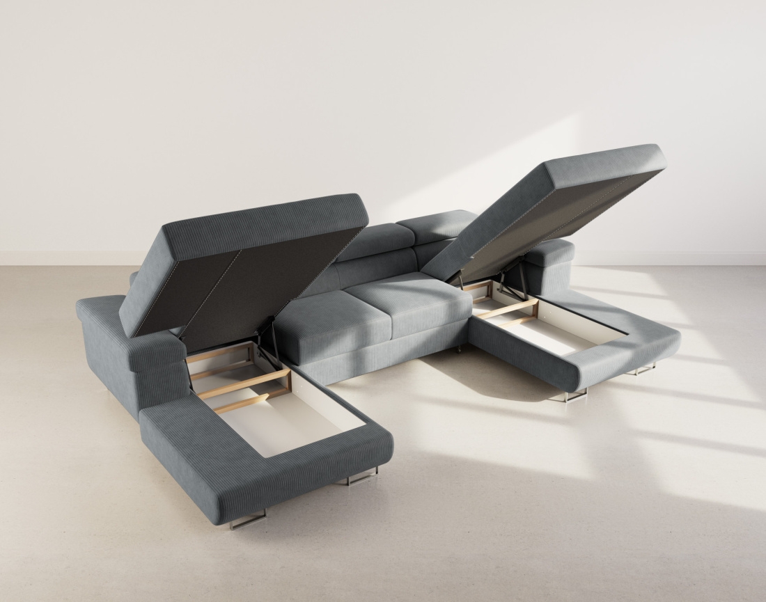 Canapé panoramique en U 7 places convertible avec coffres et têtières réglables en velours côtelé Pablo