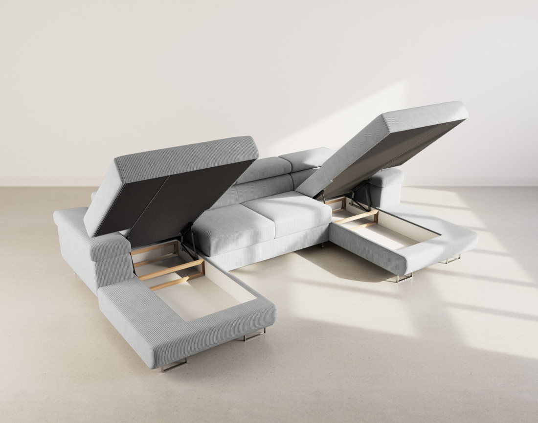 Canapé panoramique en U 7 places convertible avec coffres et têtières réglables en velours côtelé Pablo