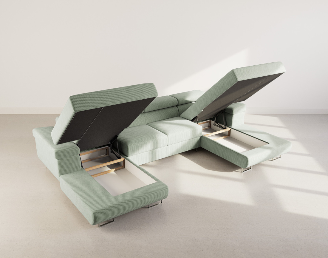 Canapé panoramique en U 7 places convertible avec coffres et têtières réglables en velours côtelé Pablo