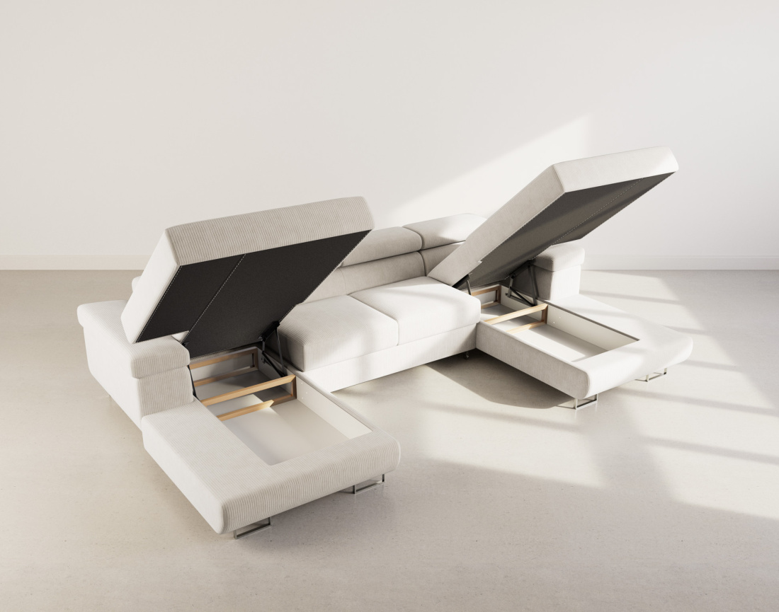 Canapé panoramique en U 7 places convertible avec coffres et têtières réglables en velours côtelé Pablo