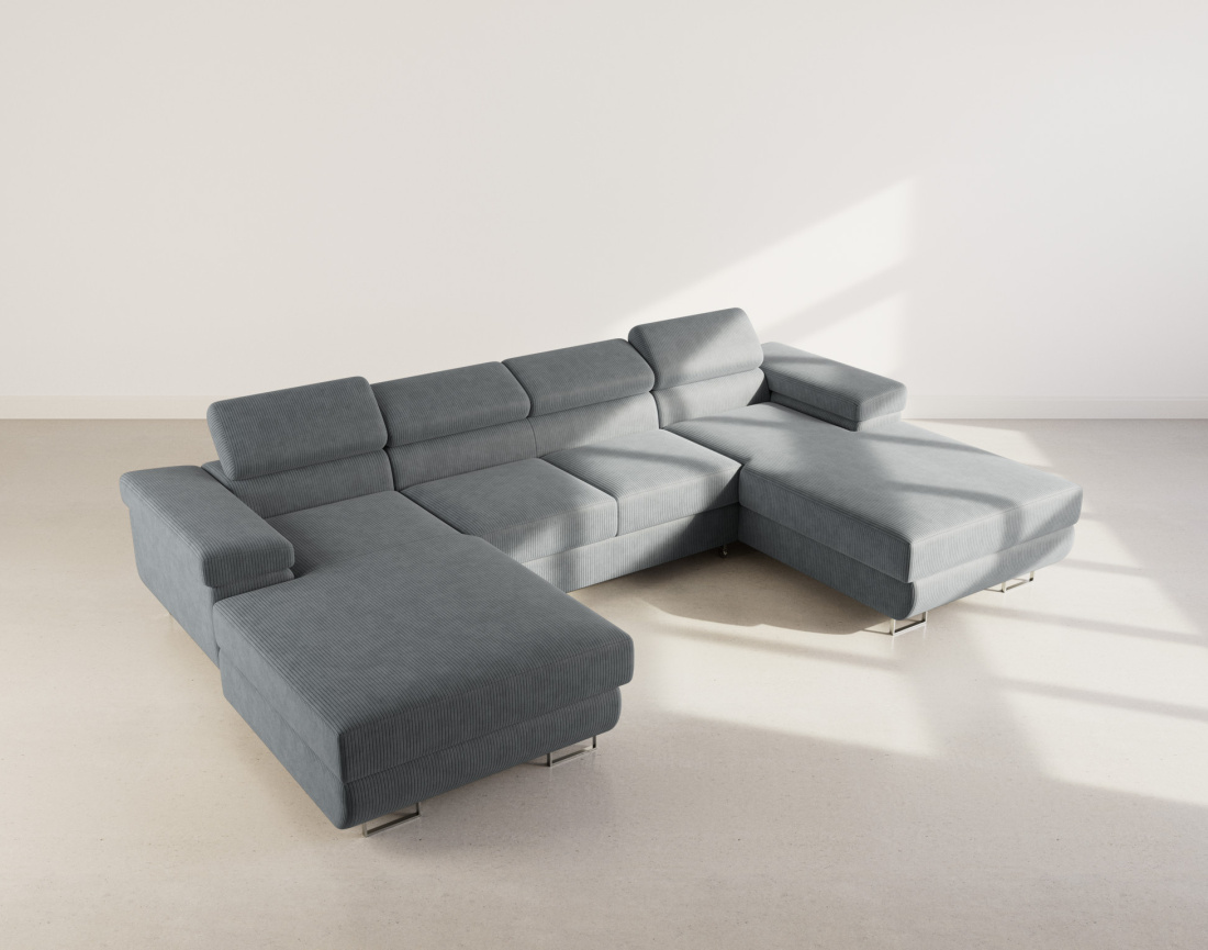 Canapé panoramique en U 7 places convertible avec coffres et têtières réglables en velours côtelé Pablo