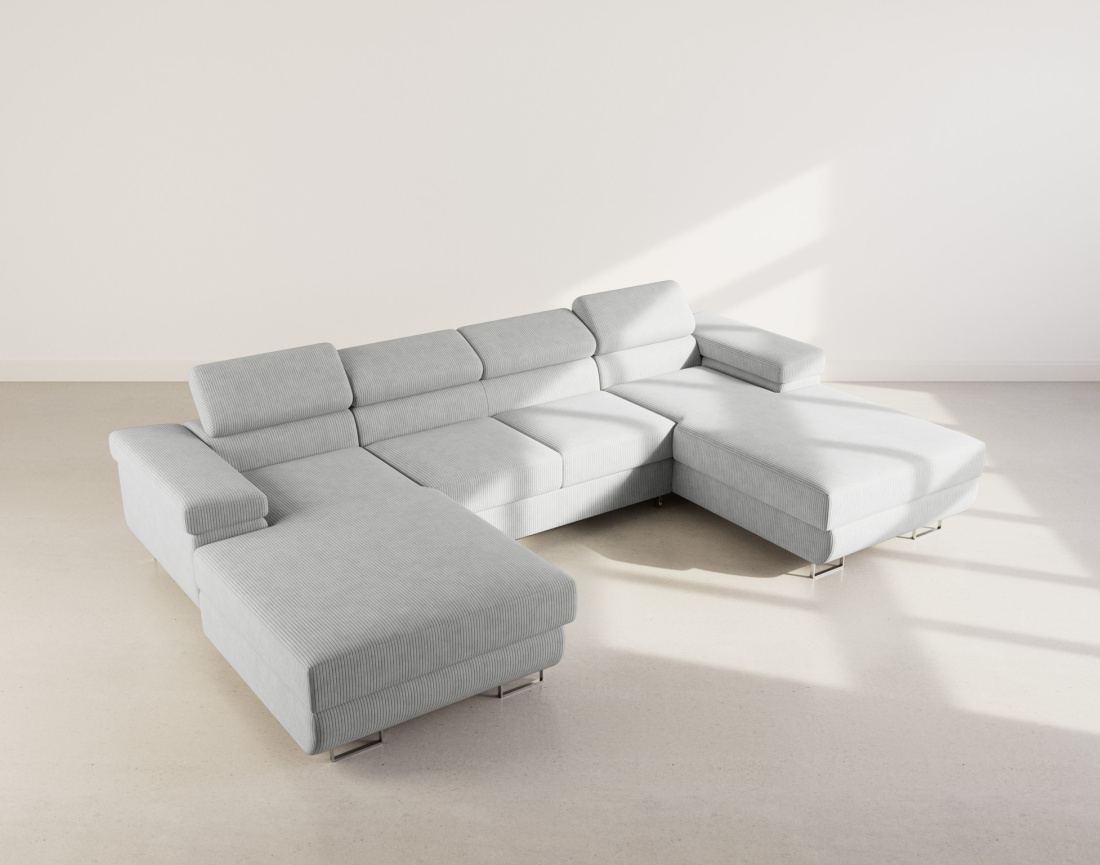 Canapé panoramique en U 7 places convertible avec coffres et têtières réglables en velours côtelé Pablo