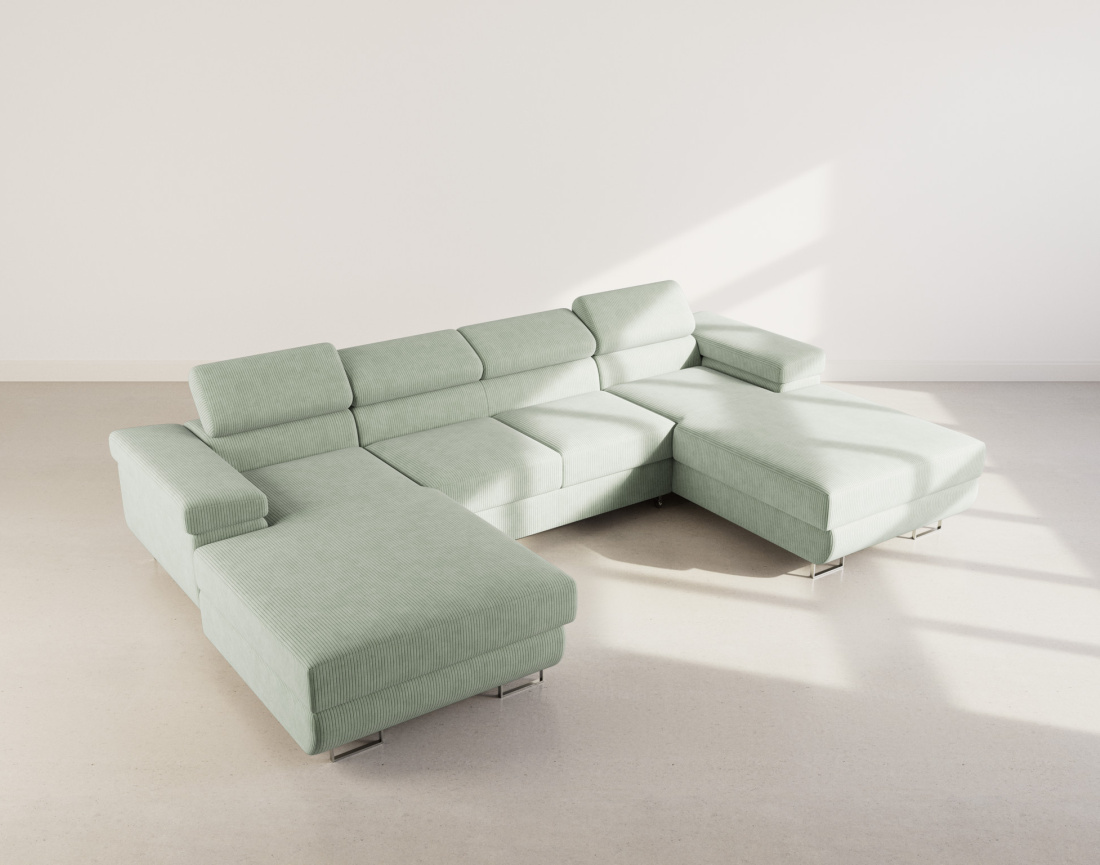 Canapé panoramique en U 7 places convertible avec coffres et têtières réglables en velours côtelé Pablo