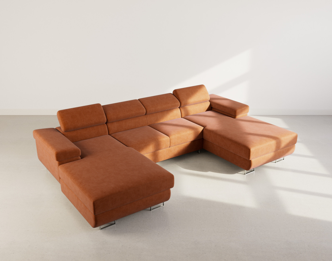 Canapé panoramique en U 7 places convertible avec coffres et têtières réglables en velours côtelé Pablo