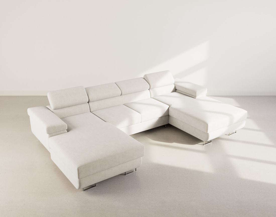 Canapé panoramique en U 7 places convertible avec coffres et têtières réglables en velours côtelé Pablo