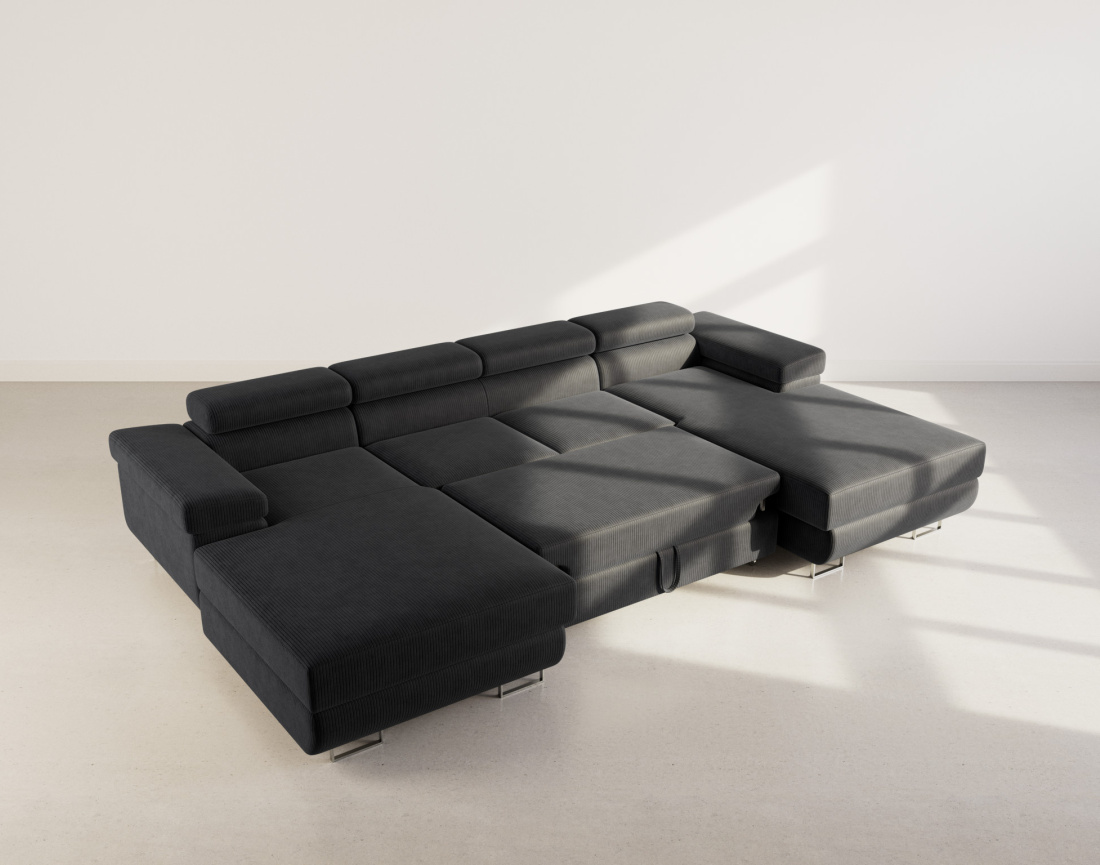 Canapé panoramique en U 7 places convertible avec coffres et têtières réglables en velours côtelé Pablo