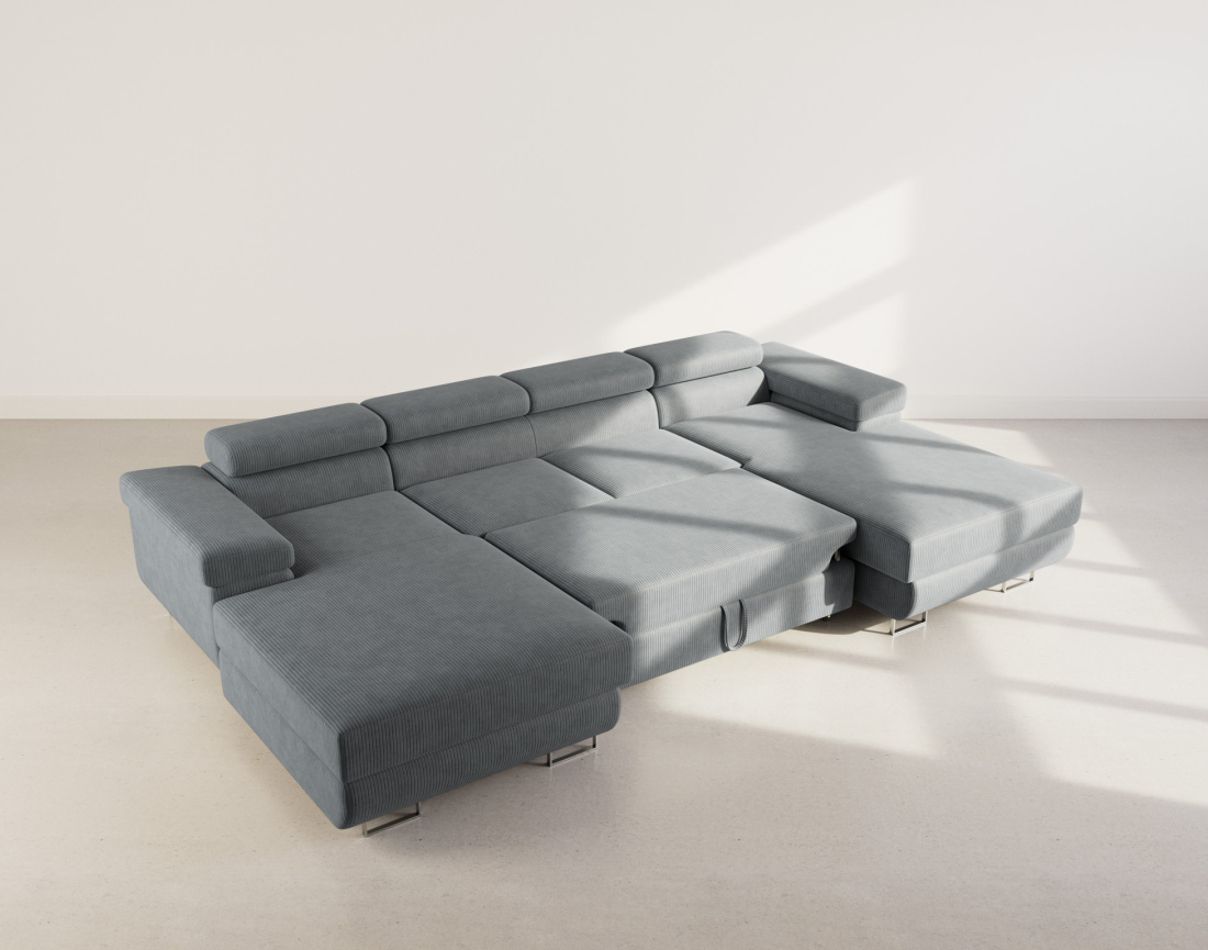 Canapé panoramique en U 7 places convertible avec coffres et têtières réglables en velours côtelé Pablo