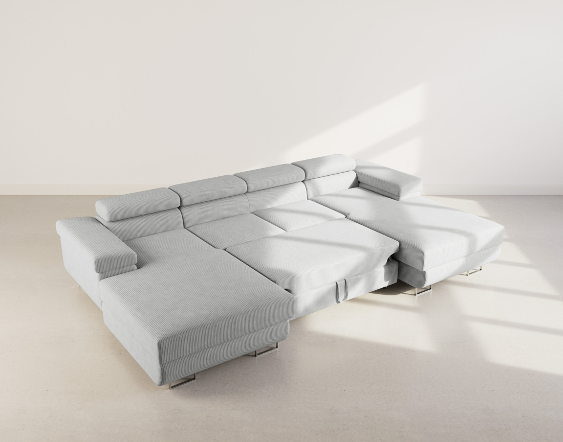 Canapé panoramique en U 7 places convertible avec coffres et têtières réglables en velours côtelé Pablo