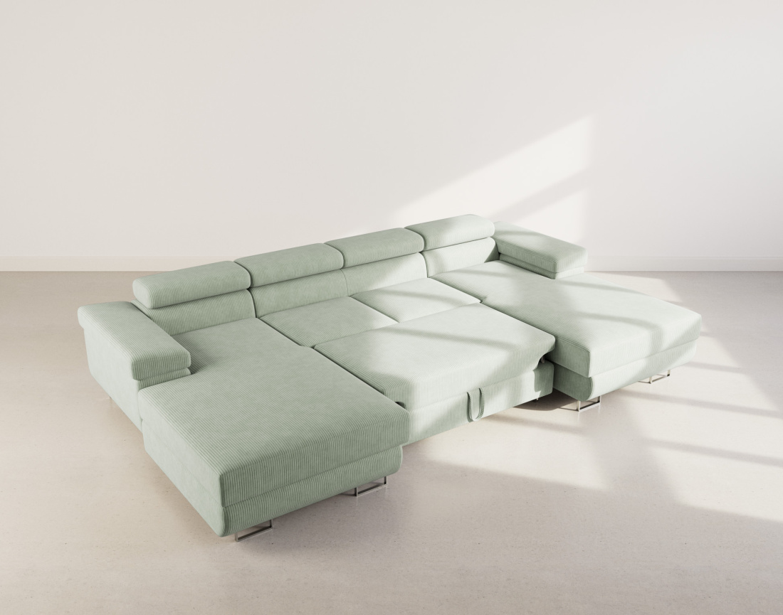 Canapé panoramique en U 7 places convertible avec coffres et têtières réglables en velours côtelé Pablo