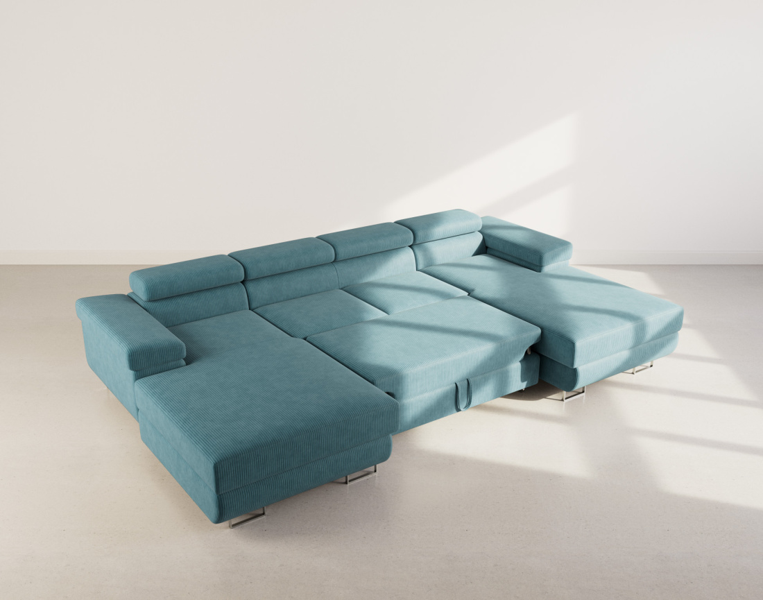 Canapé panoramique en U 7 places convertible avec coffres et têtières réglables en velours côtelé Pablo