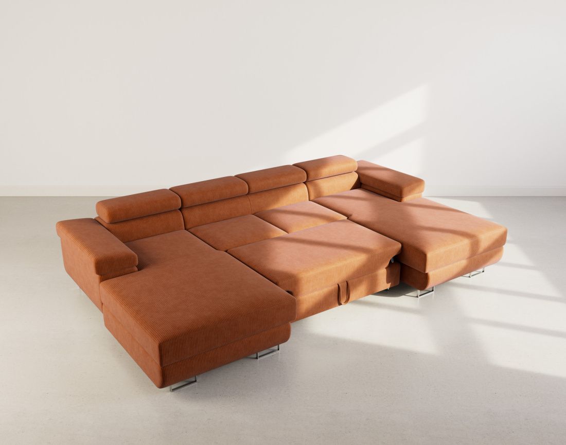 Canapé panoramique en U 7 places convertible avec coffres et têtières réglables en velours côtelé Pablo