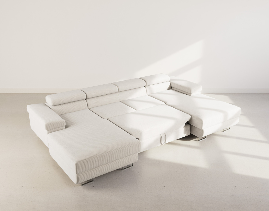 Canapé panoramique en U 7 places convertible avec coffres et têtières réglables en velours côtelé Pablo