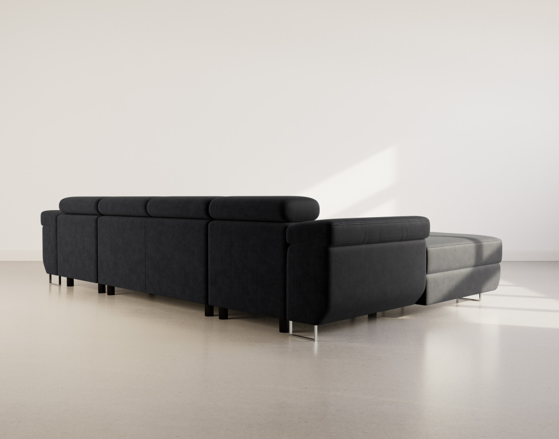 Canapé panoramique en U 7 places convertible avec coffres et têtières réglables en velours côtelé Pablo