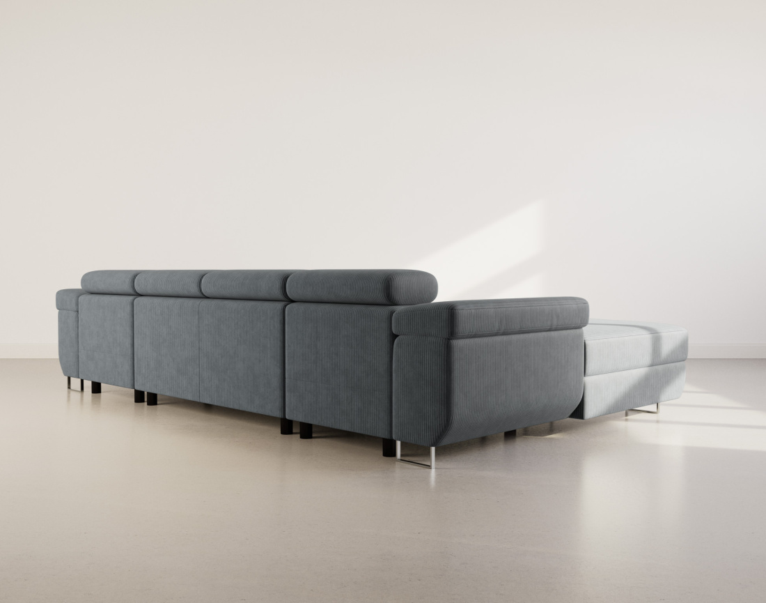 Canapé panoramique en U 7 places convertible avec coffres et têtières réglables en velours côtelé Pablo