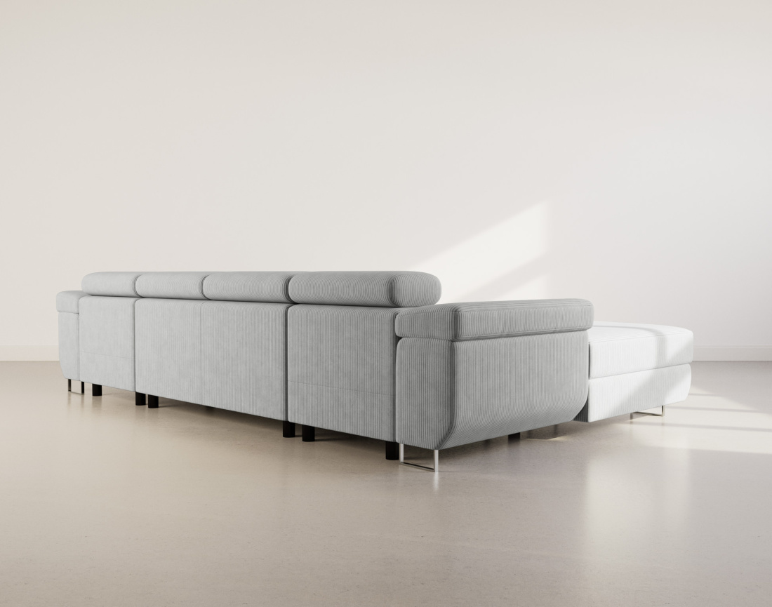 Canapé panoramique en U 7 places convertible avec coffres et têtières réglables en velours côtelé Pablo