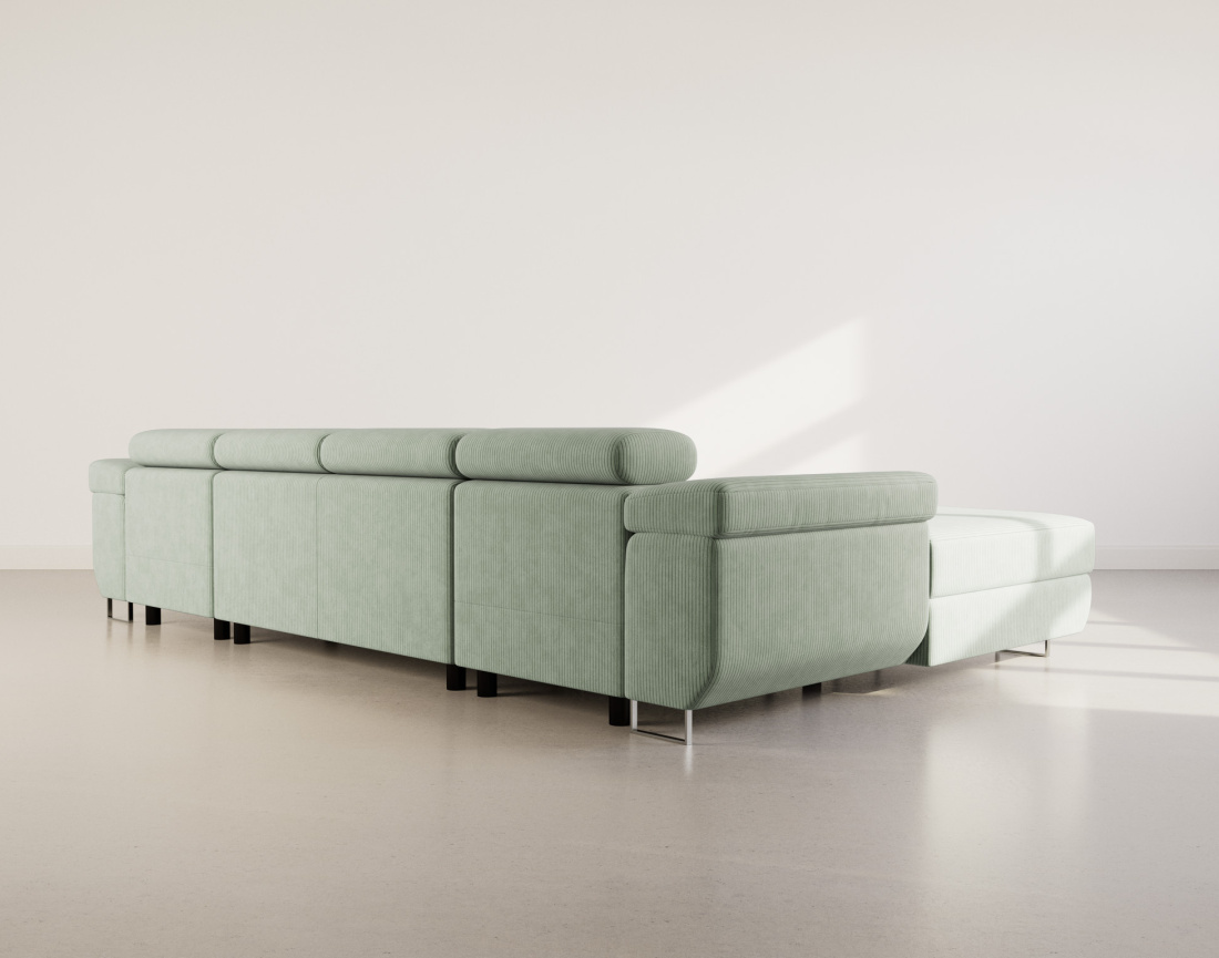 Canapé panoramique en U 7 places convertible avec coffres et têtières réglables en velours côtelé Pablo