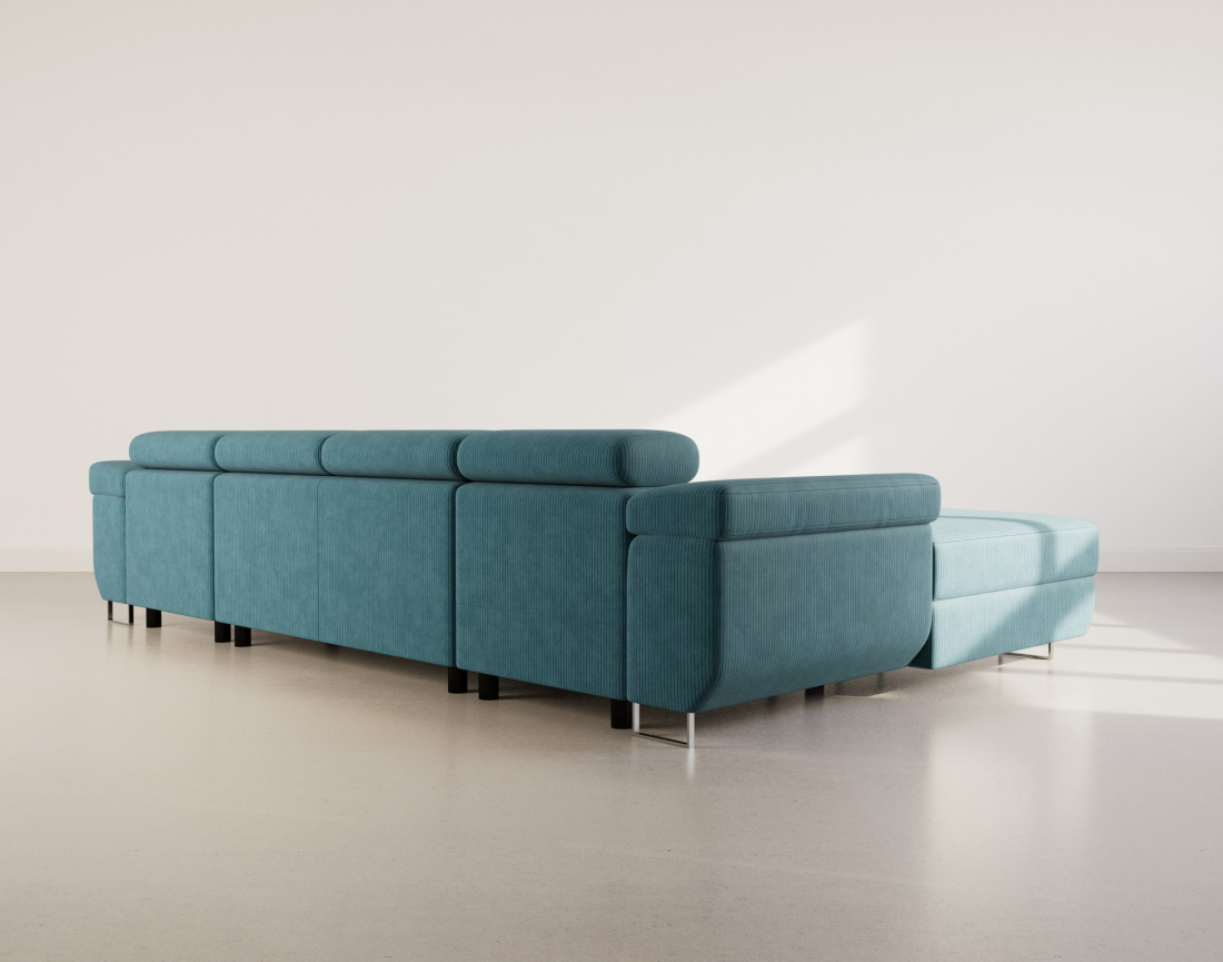 Canapé panoramique en U 7 places convertible avec coffres et têtières réglables en velours côtelé Pablo