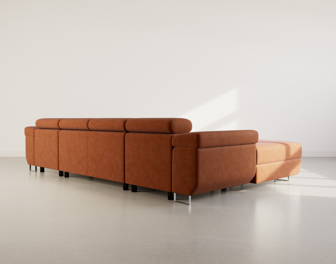 Canapé panoramique en U 7 places convertible avec coffres et têtières réglables en velours côtelé Pablo