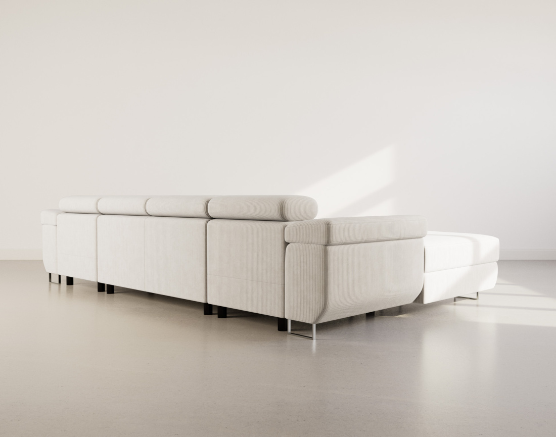 Canapé panoramique en U 7 places convertible avec coffres et têtières réglables en velours côtelé Pablo