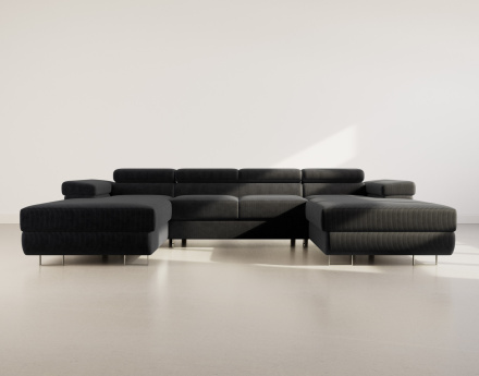 Canapé panoramique en U 7 places convertible avec coffres et têtières réglables en velours côtelé Pablo