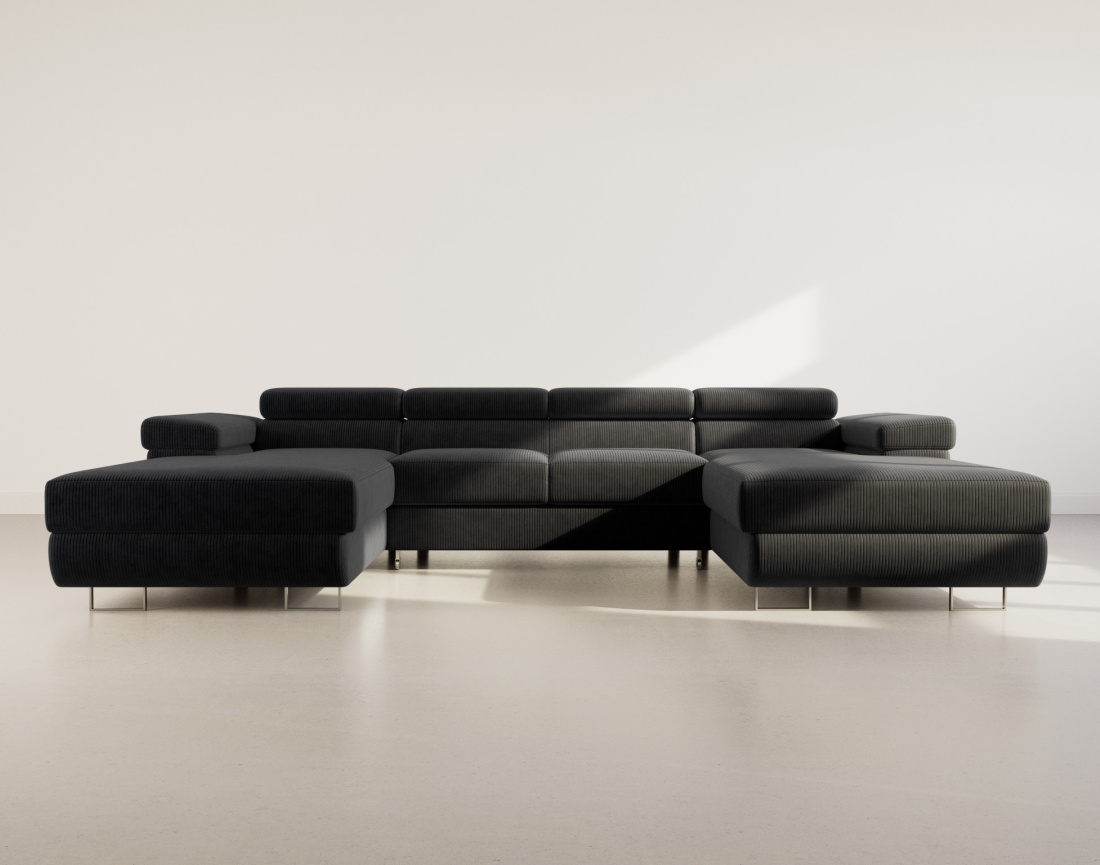 Canapé panoramique en U 7 places convertible avec coffres et têtières réglables en velours côtelé Pablo