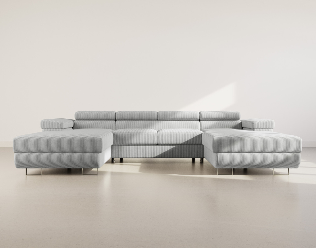 Canapé panoramique en U 7 places convertible avec coffres et têtières réglables en velours côtelé Pablo