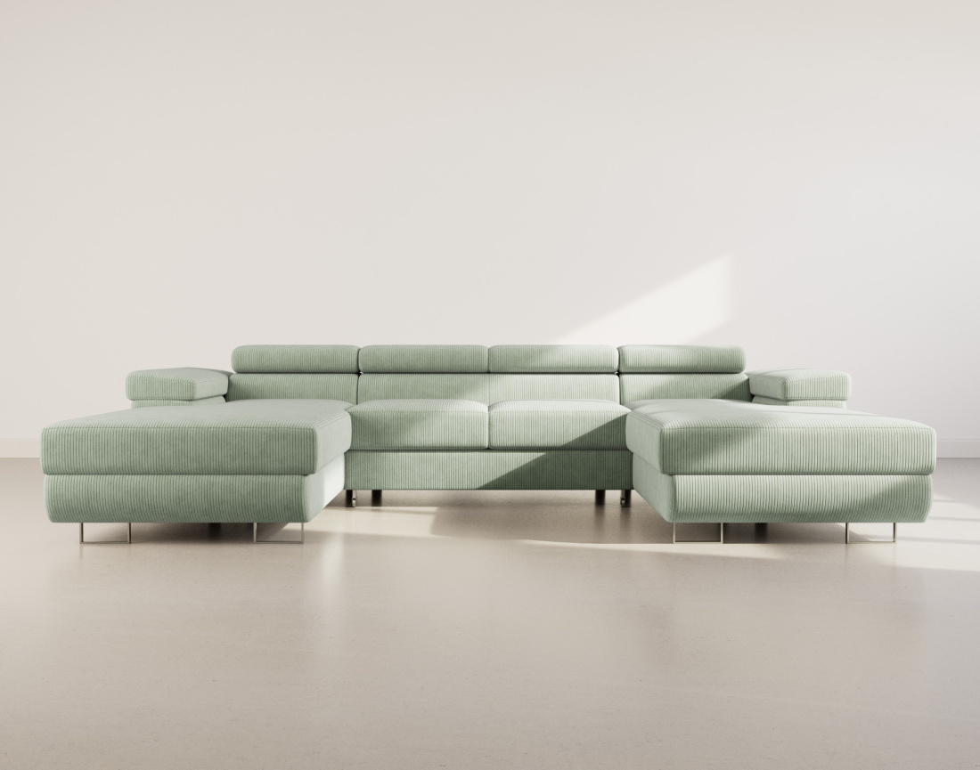 Canapé panoramique en U 7 places convertible avec coffres et têtières réglables en velours côtelé Pablo