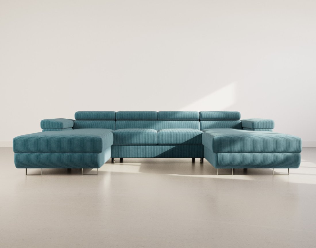 Canapé panoramique en U 7 places convertible avec coffres et têtières réglables en velours côtelé Pablo