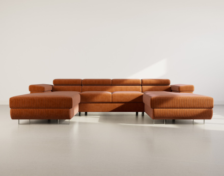 Canapé panoramique en U 7 places convertible avec coffres et têtières réglables en velours côtelé Pablo