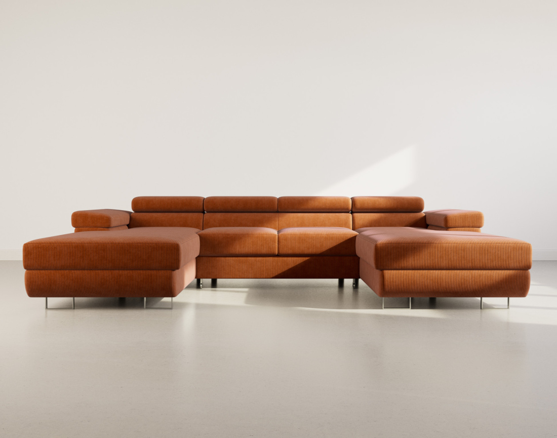 Canapé panoramique en U 7 places convertible avec coffres et têtières réglables en velours côtelé Pablo