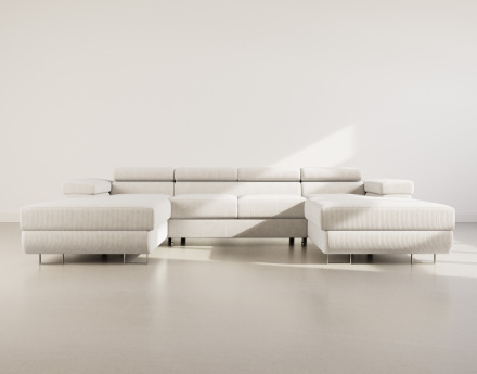 Canapé panoramique en U 7 places convertible avec coffres et têtières réglables en velours côtelé Pablo