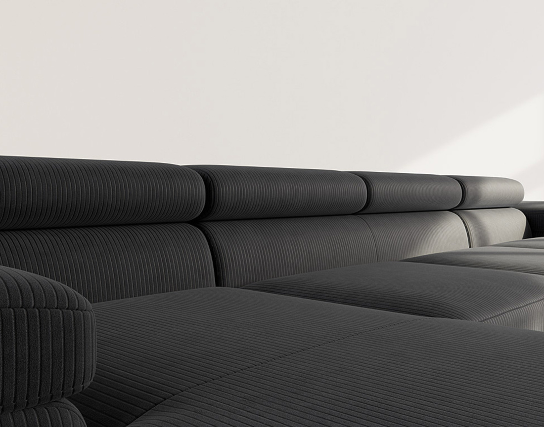 Canapé panoramique en U 7 places convertible avec coffres et têtières réglables en velours côtelé Pablo