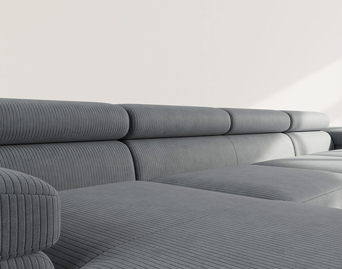 Canapé panoramique en U 7 places convertible avec coffres et têtières réglables en velours côtelé Pablo