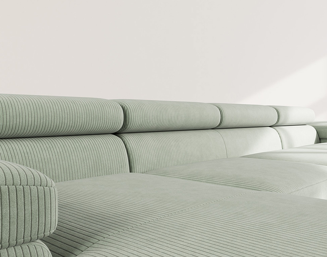 Canapé panoramique en U 7 places convertible avec coffres et têtières réglables en velours côtelé Pablo