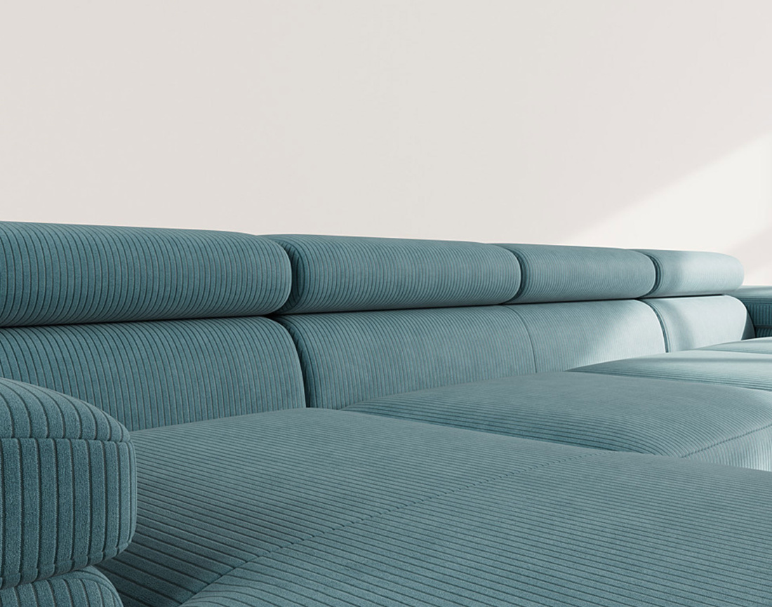 Canapé panoramique en U 7 places convertible avec coffres et têtières réglables en velours côtelé Pablo