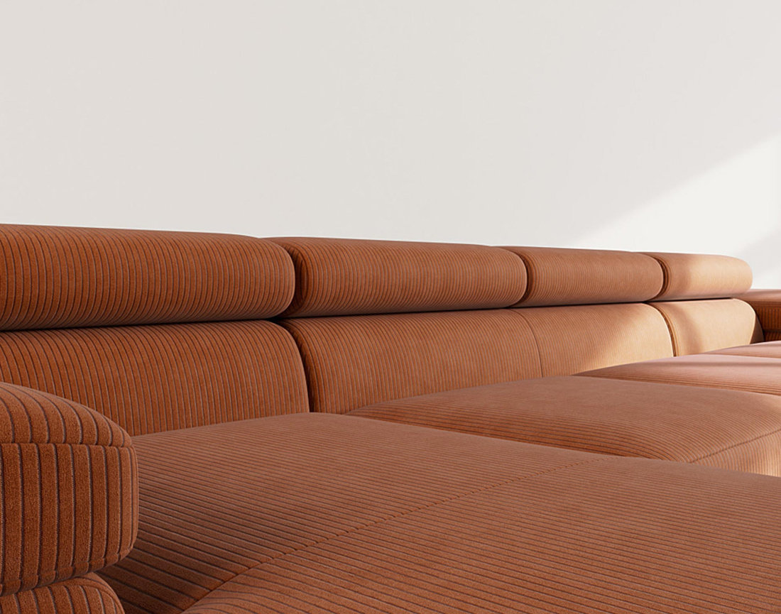 Canapé panoramique en U 7 places convertible avec coffres et têtières réglables en velours côtelé Pablo