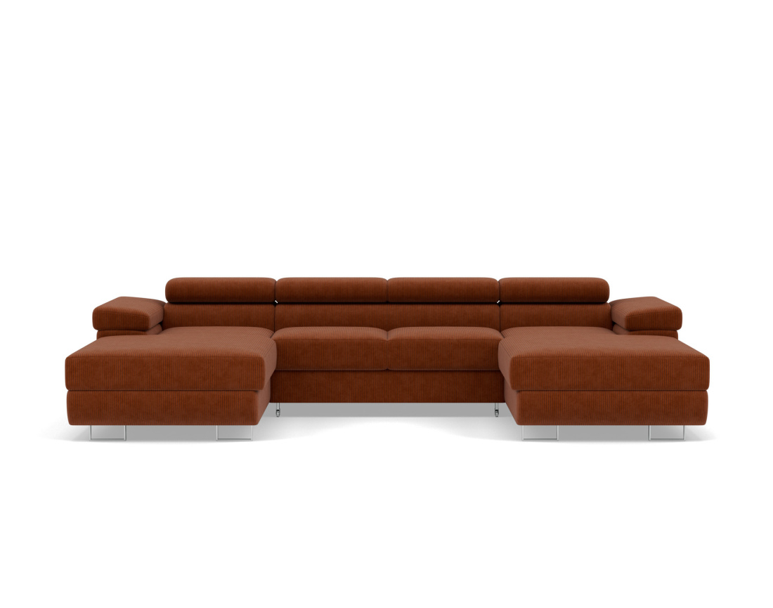 Canapé panoramique en U 7 places convertible avec coffres et têtières réglables en velours côtelé Pablo