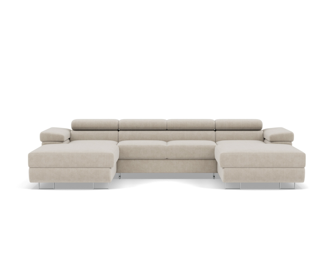 Canapé panoramique en U 7 places convertible avec coffres et têtières réglables en velours côtelé Pablo