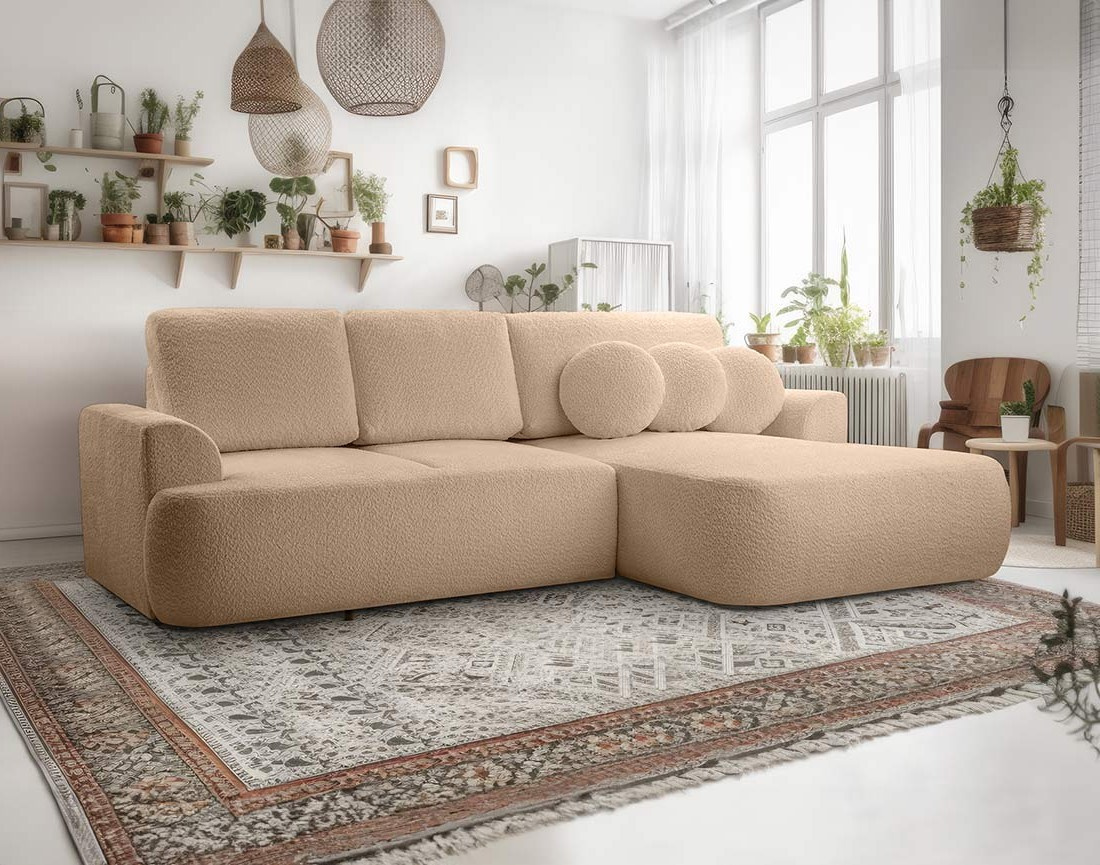 Canapé d'angle droit 4 places convertible en tissu bouclette Candela
