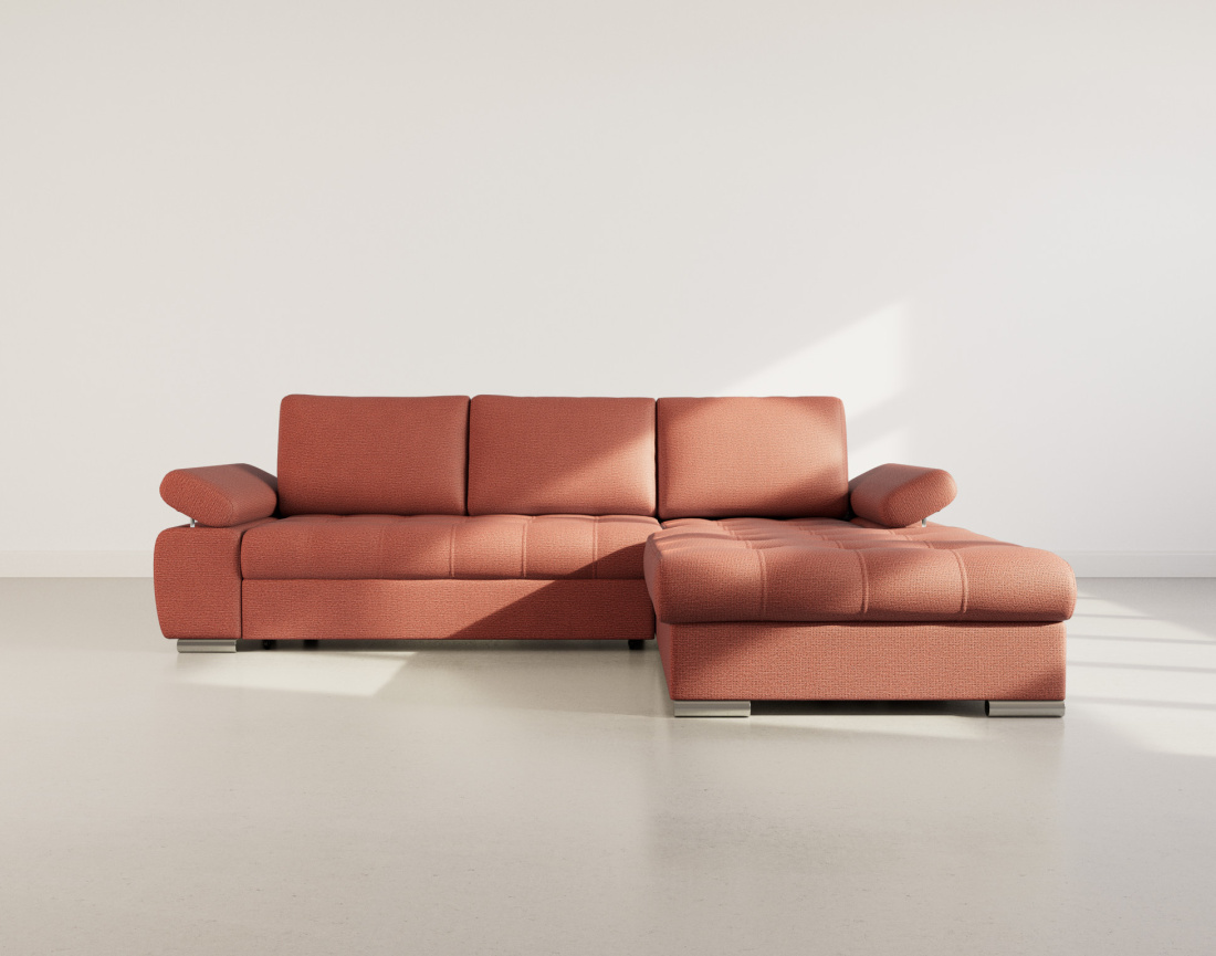 Canapé d'angle droit 4 places convertible avec coffre en tissu texturé Bianca