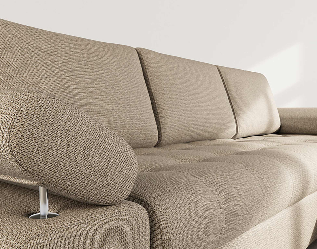 Canapé d'angle droit 4 places convertible avec coffre en tissu texturé Bianca