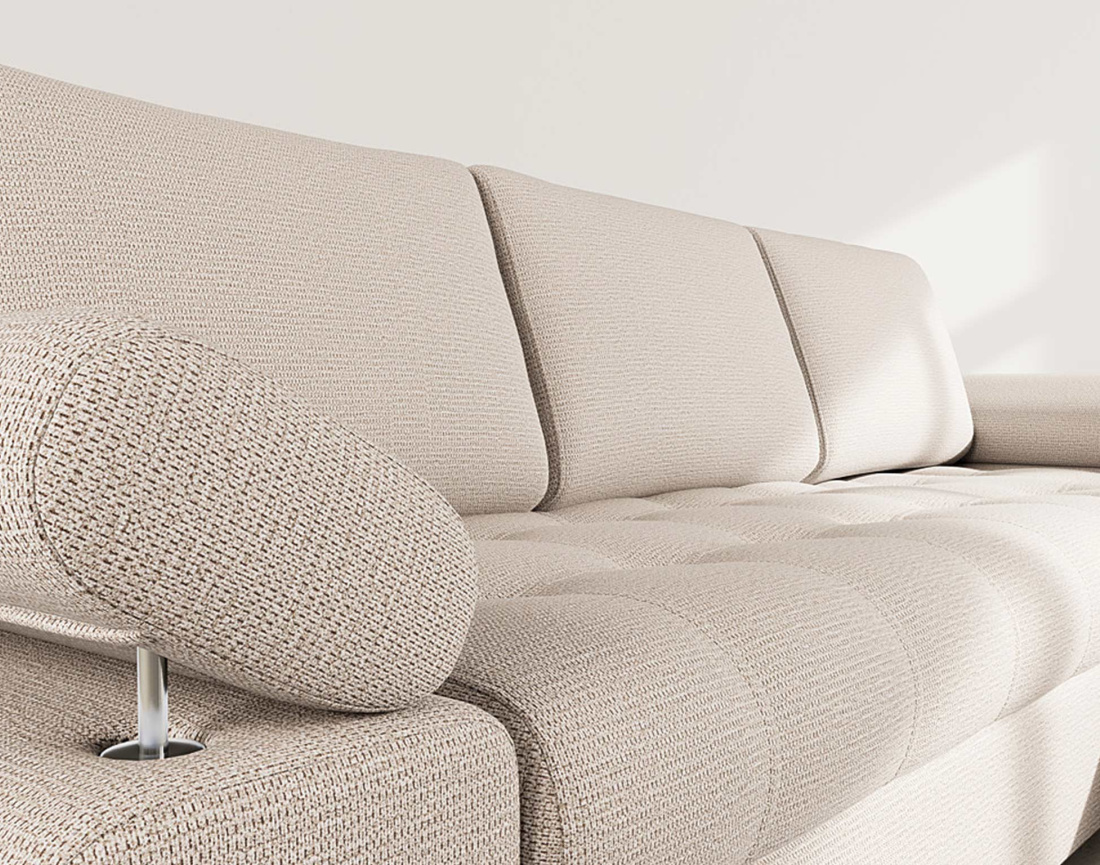 Canapé d'angle droit 4 places convertible avec coffre en tissu texturé Bianca