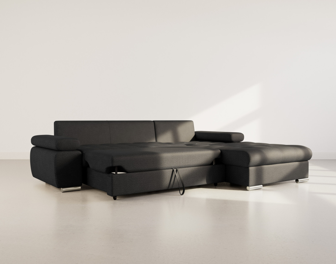 Canapé d'angle droit 4 places convertible avec coffre en tissu texturé Bianca