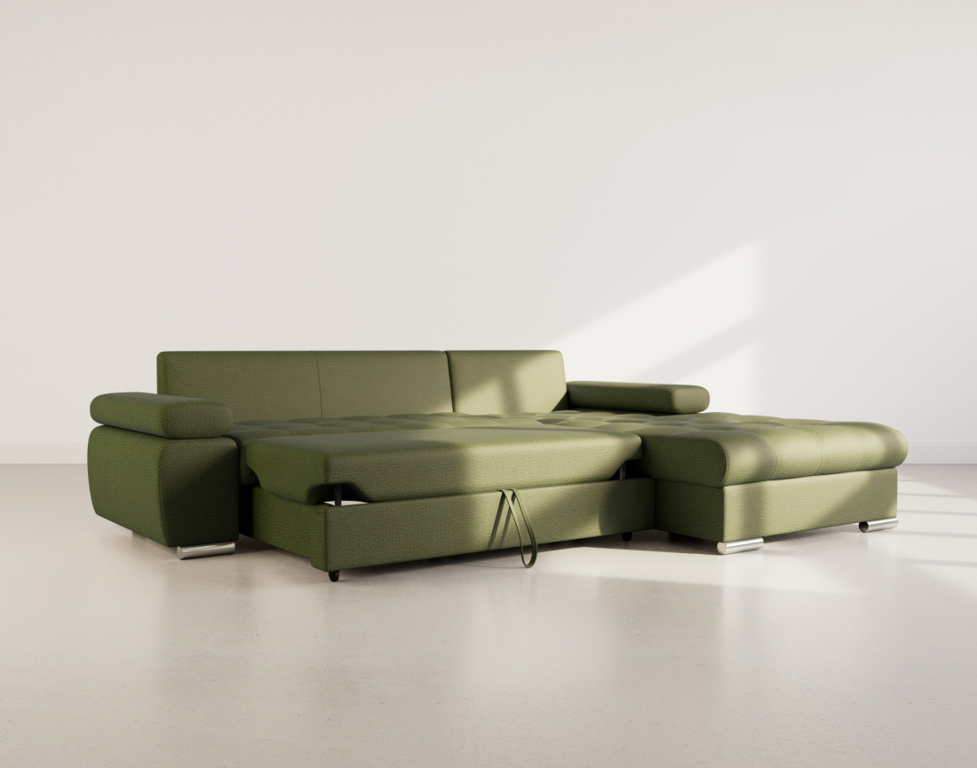 Canapé d'angle droit 4 places convertible avec coffre en tissu texturé Bianca