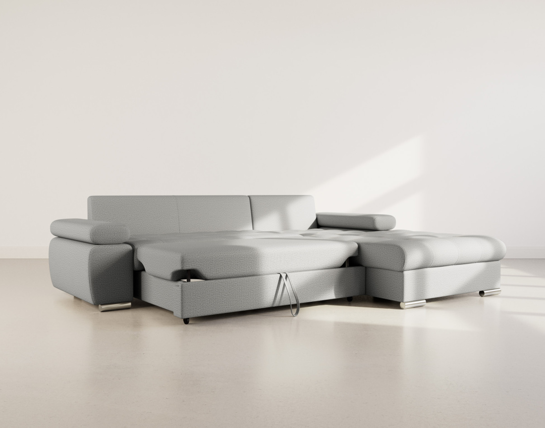 Canapé d'angle droit 4 places convertible avec coffre en tissu texturé Bianca