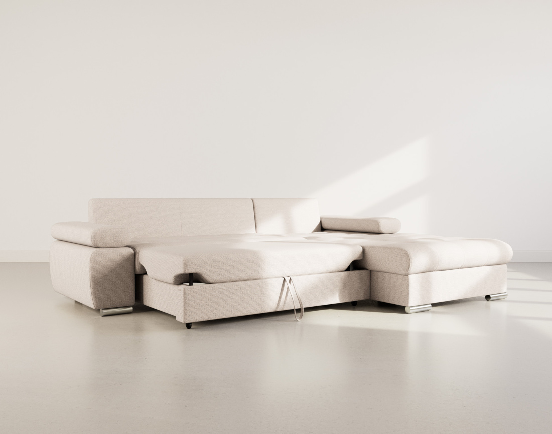 Canapé d'angle droit 4 places convertible avec coffre en tissu texturé Bianca