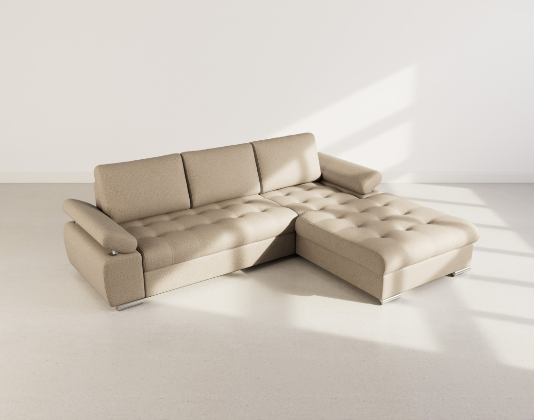 Canapé d'angle droit 4 places convertible avec coffre en tissu texturé Bianca