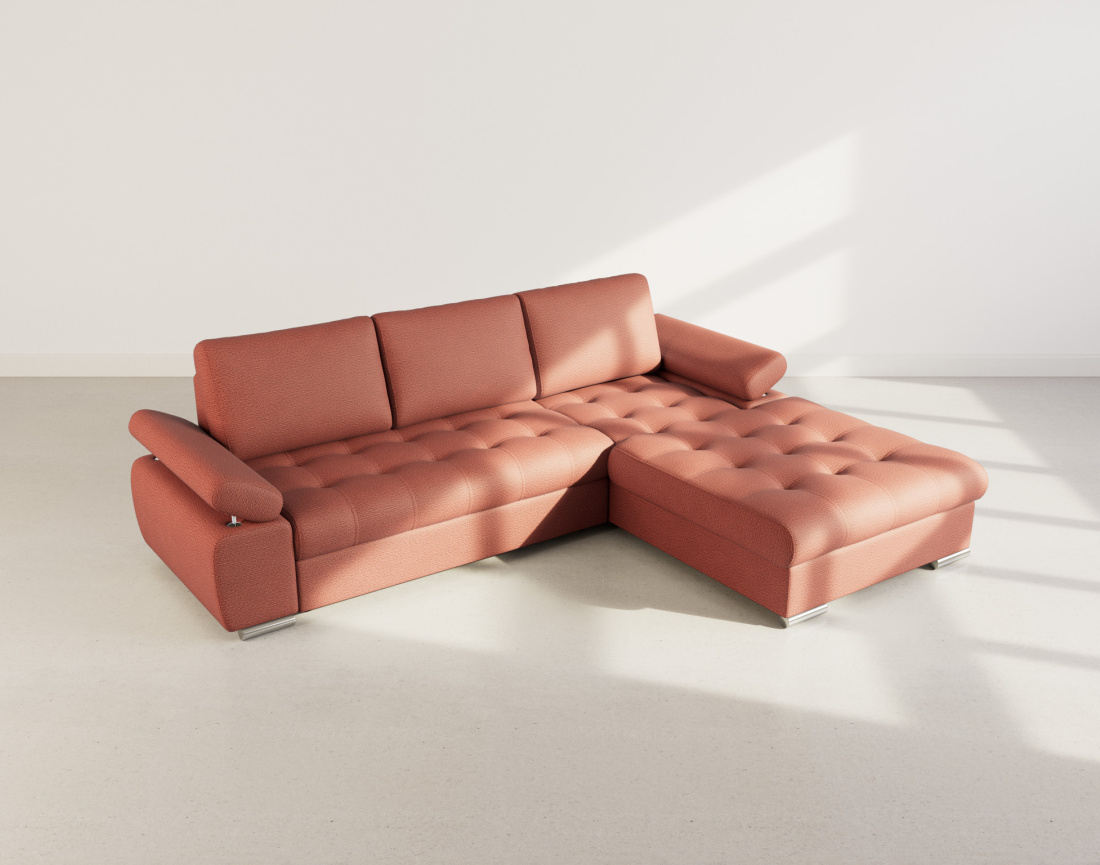 Canapé d'angle droit 4 places convertible avec coffre en tissu texturé Bianca