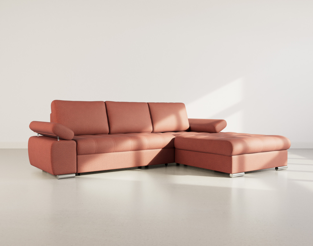 Canapé d'angle droit 4 places convertible avec coffre en tissu texturé Bianca