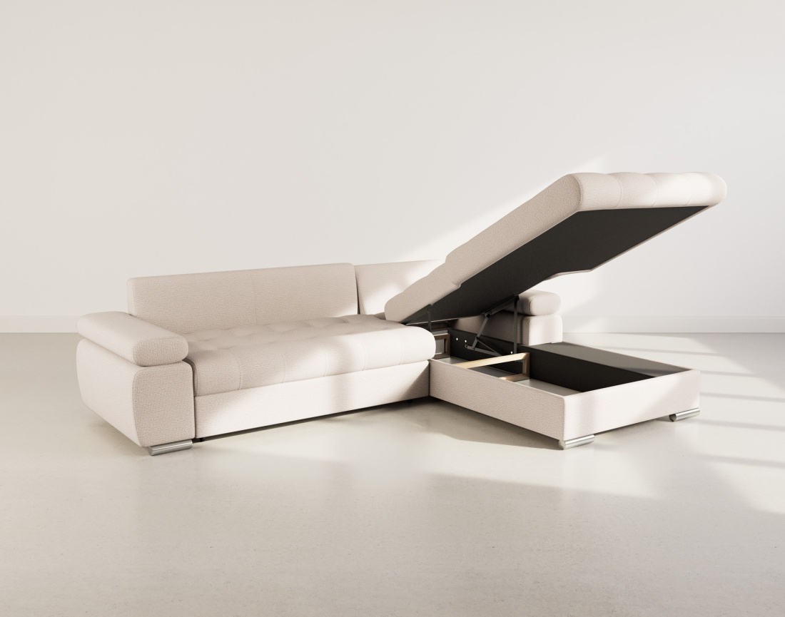 Canapé d'angle droit 4 places convertible avec coffre en tissu texturé Bianca